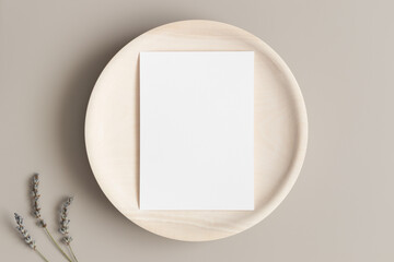 Canvas Print - White invitation card mockup on a wooden plate with lavender. 5x7 ratio, similar to A6, A5.