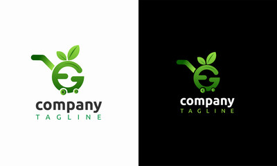 Shopping cart logo with letter e and g letter, Modern green logo for online grocery store logo template