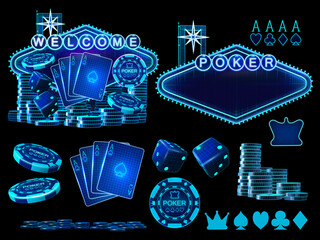 Poker gambling elements collection with wireframe style computer generated casino neon signs, four aces playing cards suits, poker chips, dices and coins