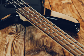 Close up photo of electric guitar fingerboard