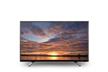 LCD Television Monitor Isolated On White Background, With Sunset Nature View, Clipping Path