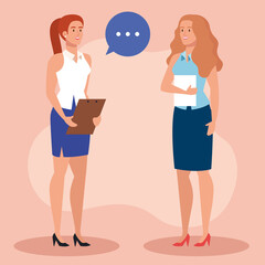 Sticker - businesswomen with speech bubble and document vector illustration design