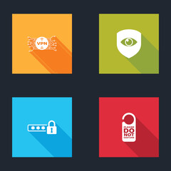 Poster - set vpn with microchip circuit, shield and eye, password protection and please do not disturb icon. 