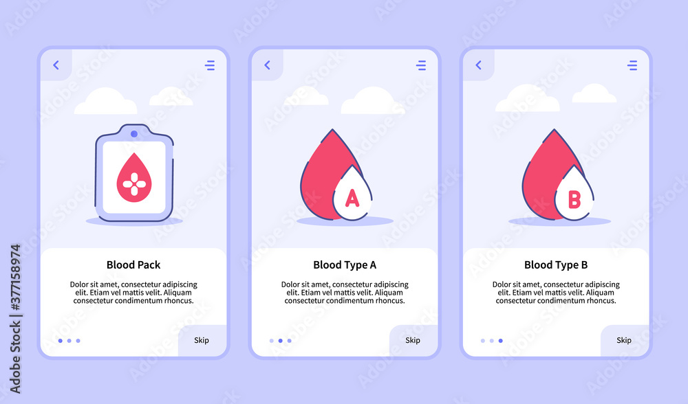 Medical icon blood pack blood type A type B onboarding screen for ...