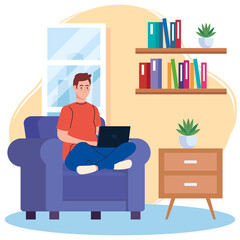 Wall Mural - home working, freelancer young man with laptop in sofa, working from home in relaxed pace, convenient workplace vector illustration design