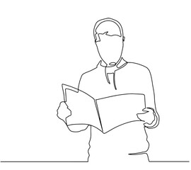 Wall Mural - A young man with a book in his hands, a student and a businessman. One line drawing isolated vector object by hand on a white background.continuous line drawing of men reading vector illustration