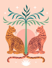 Cute Leopards, Sun, Palm Tree. Modern Abstract Art. Boho Style. Mid Century Print. Cosmic Minimalistic Scene. Protect Wild Animals Poster. Magic Concept. Vintage Inspired Art нтернета