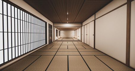 Empty house hall with tatami  floor 2 steps White room tropical style.3D rendering