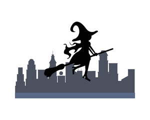 Sticker - halloween witch flying in broom silhouette on the city