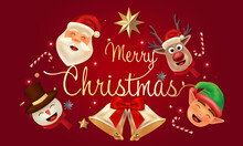 Merry Christmas And Happy New Year. Christmas Greeting Card In Red Background Made By Reindeer, Snowman, Santa Claus, Elf, Candy Cane And Decoration.	