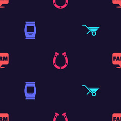 set wheelbarrow, fertilizer bag, horseshoe and location farm on seamless pattern. vector.