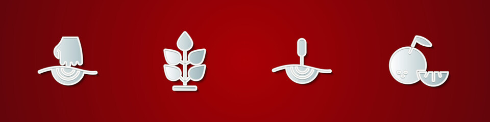 Sticker - Set Massage, Plant, Acupuncture therapy and Citrus fruit icon. Vector.