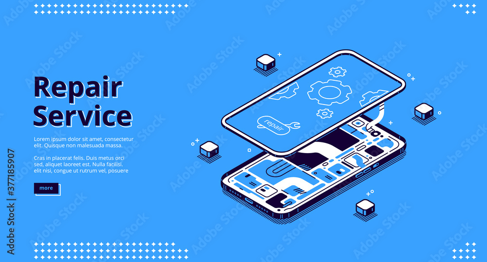 Repair service isometric landing page, disassembled mobile phone fixing ...