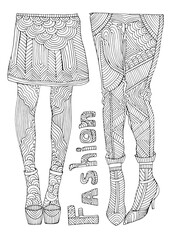 JPEG hand drawn two women legs in a long patterned skirt and jeans. Female feet in shoes with high heels and patterned tights. Fashion illustration. Pattern coloring page for adults. Design card