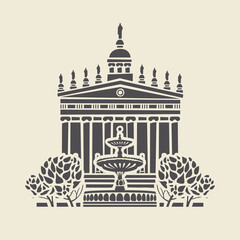 Poster - Icon or stencil of a stylized old building with columns and pediment, trees and a fountain. Decorative vector illustration in flat style, isolated on a light background