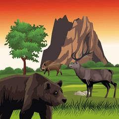 Sticker - bear and reindeer with wild pig in landscape