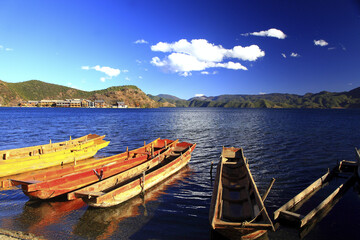 Wall Mural - Yunnan Lijiang Lugu Lake Zhucao Boat