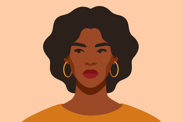 Serious Black girl is looking away in protest. Self-confident young woman with brown skin and curly hair portrait front view. African female with arrogant facial expression. Vector