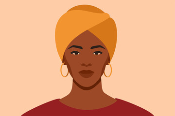 Black girl is wearing a yellow turban. Self-confident young woman with brown skin in traditional headdress portrait front view. Vector illustration. African female with a scarf on her head.