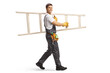 Full length shot of a repairman walking and carrying a white ladder