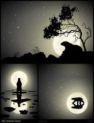 Sticker - bear silhouette. wild animal and moon in starry night. black white set