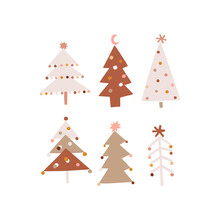 Festal Boho Christmas Tree Illustration Set. Simple Abstract Geometric Flat Vector Design. . Vector Illustration
