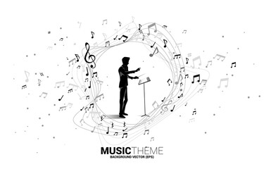 Poster - Vector silhouette of conductor standing with music melody note dancing flow . Concept background for classic music concert and recreation.