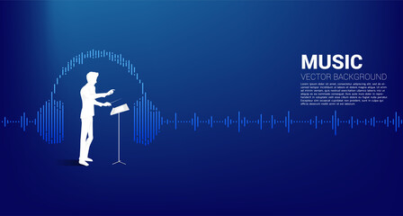 Poster - Vector silhouette of conductor standing with headphone Music Equalizer background. Concept background for classic music concert and recreation.