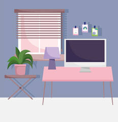 Poster - home office workplace computer on desk with lamp plant and stickers in wall