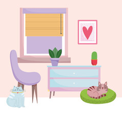 Poster - home office workplace purple chair drawers cats potted plants and window