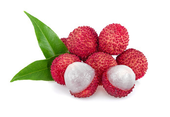 Wall Mural - Lychee with leaves isolated on white background