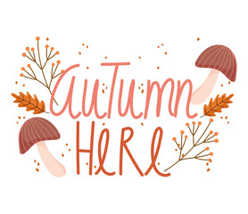 Wall Mural - hello autumn seasonal mushroom leaf foliage decoration card