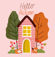 Wall Mural - hello autumn, cute foxes house trees flowers leaves