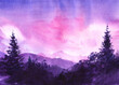 Watercolor romantic autumn landscape in lilac and violet tones. Dawn sky with fluffy clouds, ranges of misty mountains stretching to horizon and dark silhouettes of coniferous forest in foreground