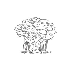 Wall Mural - One continuous line drawing shady and leafy banyan tree for wall decor home art poster print. Decorative ficus benghalensis plant for national park logo. Single line draw design vector illustration