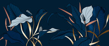 Navy Blue Abstract Background With Leaf And White Flower