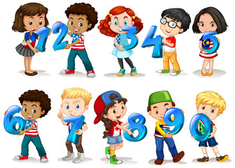 Set of different children holding math number