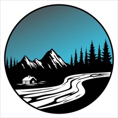 mountain landscape illustration with river pine trees and cabin