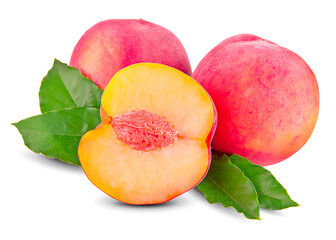 Wall Mural - Peach fruit half with leaf isolated on white background