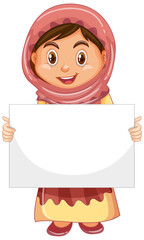 Poster - Cute young girl cartoon character holding blank banner