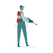 Pest Control Service Worker With Toxic Sprayer Flat Vector Illustration Isolated.