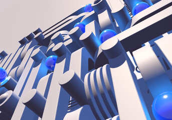 Poster - White industrial or technology abstraction with shiny blue balls and connection pipes. 3D illustration