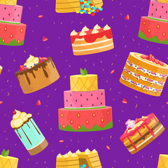 Canvas Print - Sweet Desserts Seamless Pattern, Birthday Party, Holiday, Confectionery Design, Fabric, Wallpaper, Packaging, Background Cartoon Vector Illustration