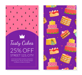 Wall Mural - Tasty Cakes Special Offer, Sweet Dessert Gift Card, Voucher, Coupon, Banner Template Cartoon Style Vector Illustration