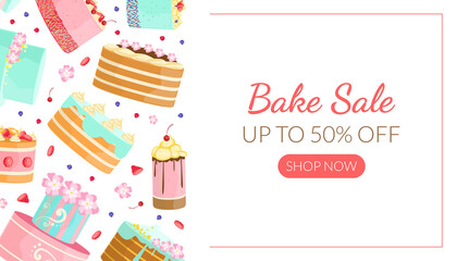 Poster - Bake Sale Landing Page Template with Tasty Cakes Pattern, Bakery Shop Sweet Desserts Special Offer, Cafe Menu Design Vector Illustration