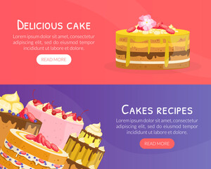 Sticker - Delicious Cake Recipes Landing Page Templates Set, Home Baking, Tasty Sweet Desserts Cooking Vector Illustration