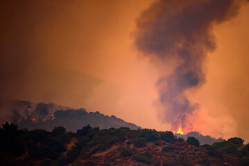 Fires and smoke in US air. Black smoke and orange sky due to fires in California. American fires threaten nature and human life.