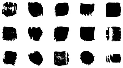 Vector grunge brush, spots. Abstract brush strokes with a dry brush. Large set of ink blots. Black backdrops, patterns on white background