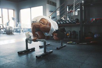 Canvas Print - Fitness. Man Doing Parallettes Workout. Asian Bodybuilder Using Gym Equipment For Training Indoor. Sexy Sportsman Exercising For Strong, Healthy, Muscular Body.