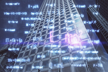 Aufkleber - Double exposure of sience formula drawing and cityscape background. Concept of education.